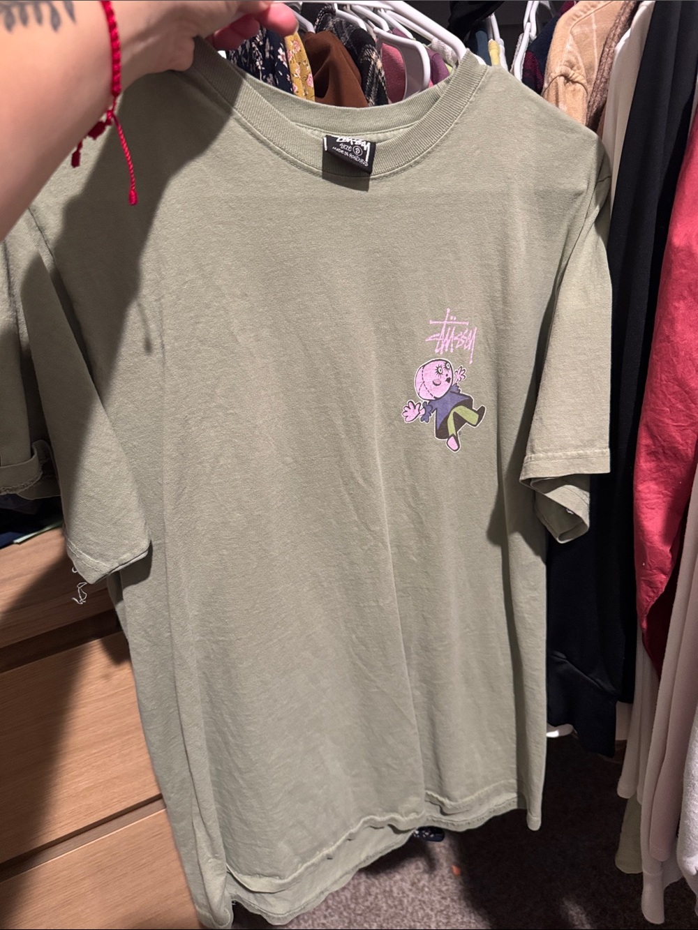 Stussy Olive Graphic Tee with Pink Logo
